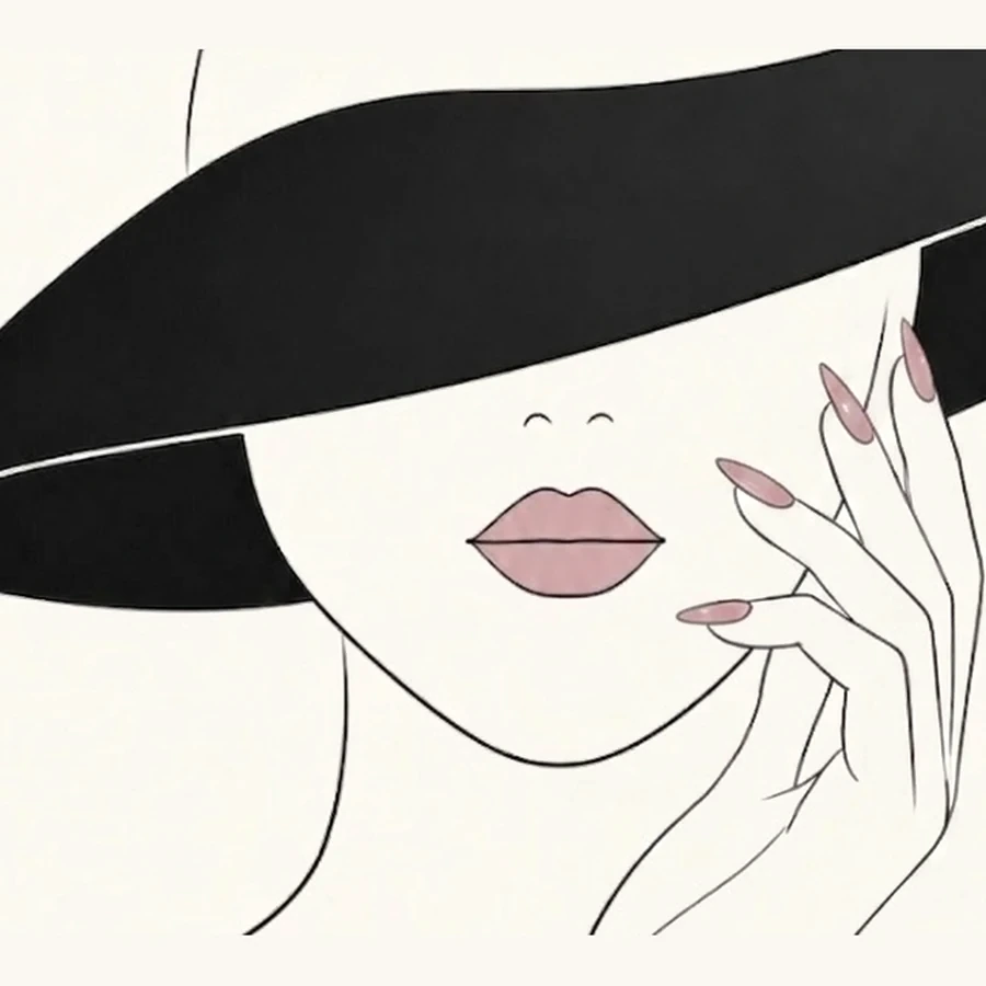 Line-art woman in a wide black hat, mauve nails resting on her cheek
